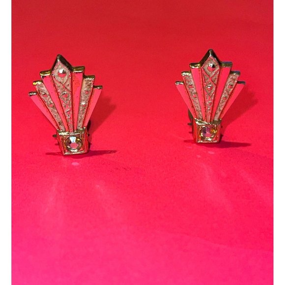 Vintage Clip-on Art Deco Silver-Tone Earrings Rhinestone Detail Signed W.Germany - Picture 4 of 8